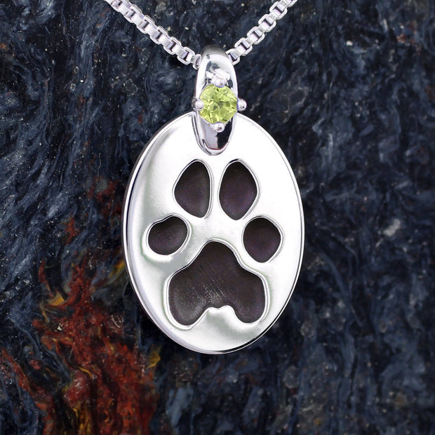 Oval Pawprint Necklace with Gemstone