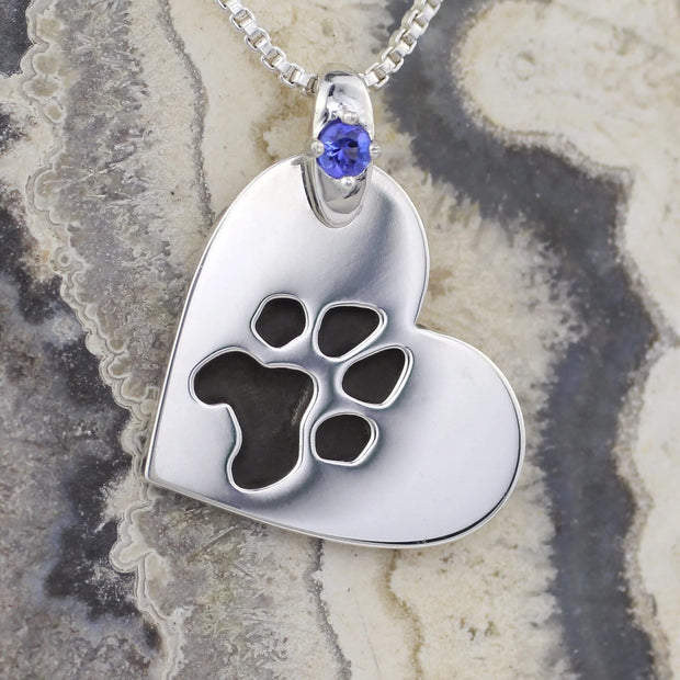 Heart on Side Pawprint Necklace with Gemstone