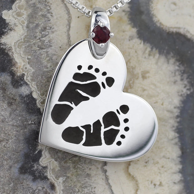 Heart on Side Footprint Necklace with Birthstone