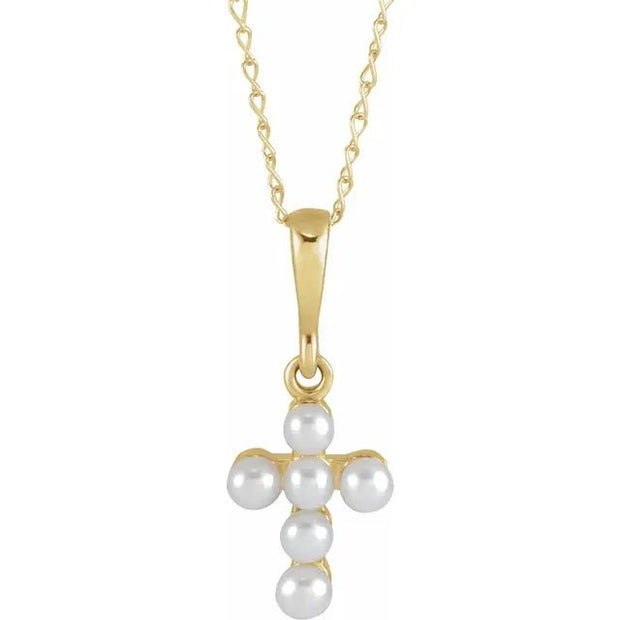 14K Yellow Cultured White Seed Pearl Youth Cross 16" Necklace - Robson's Jewelers
