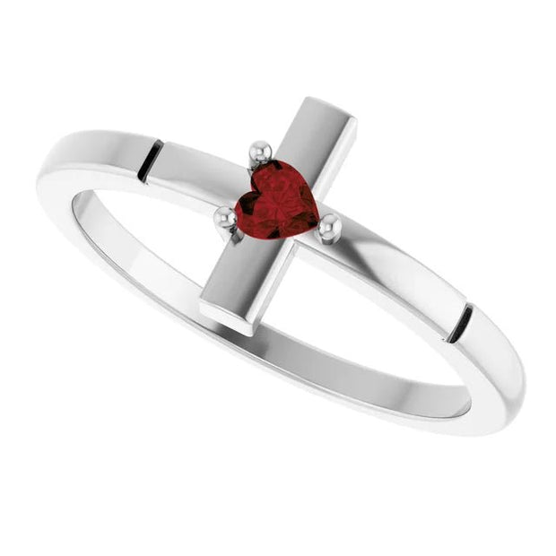 14K White Natural Mozambique Garnet Heart Cross Ring - Robson's Jewelers