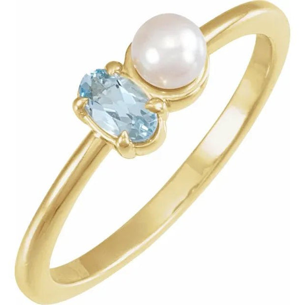 14K Yellow Natural Aquamarine & Cultured White Akoya Pearl Ring - Robson's Jewelers