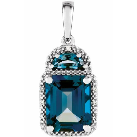 14K White Natural London Blue Topaz & .03 CTW Natural Diamond Pendant - Robson's Jewelers