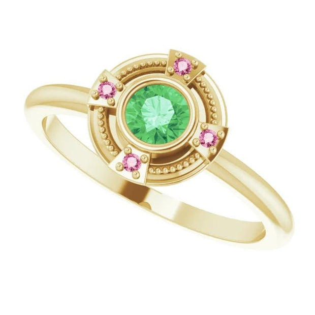 14K Yellow Natural Tsavorite Garnet & Natural Pink Tourmaline Compass Ring - Robson's Jewelers