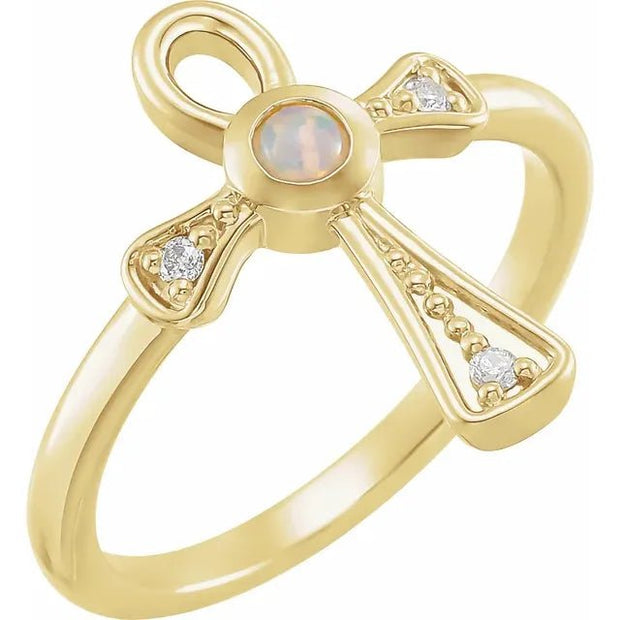 14K Yellow Natural White Ethiopian Opal & .05 CTW Natural Diamond Ankh Cross Ring - Robson's Jewelers