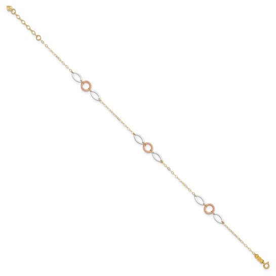 14k Tri-color Circle and Oval 9in Plus 1in ext. Anklet - Robson's Jewelers