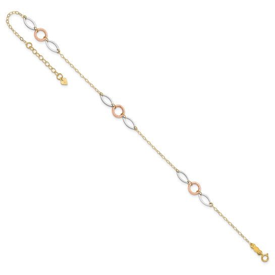 14k Tri-color Circle and Oval 9in Plus 1in ext. Anklet - Robson's Jewelers