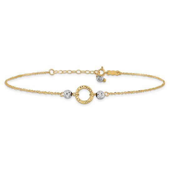 14k Two-tone Circle and Bead 9in Plus 1in ext. Anklet - Robson's Jewelers