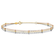 14k Tri-color 3-Strand Diamond-cut Beaded 9in Plus 1in ext Anklet - Robson's Jewelers