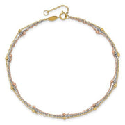 14k Tri-color 3-Strand Diamond-cut Beaded 9in Plus 1in ext Anklet - Robson's Jewelers