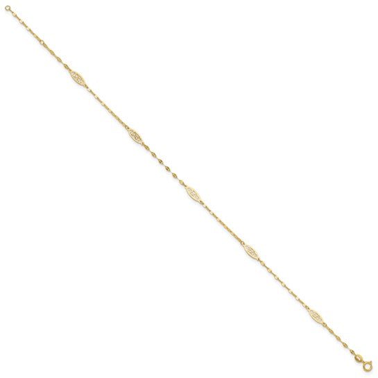 14K Polished Fancy Filigree Link 9in Plus 1 in ext. Anklet - Robson's Jewelers