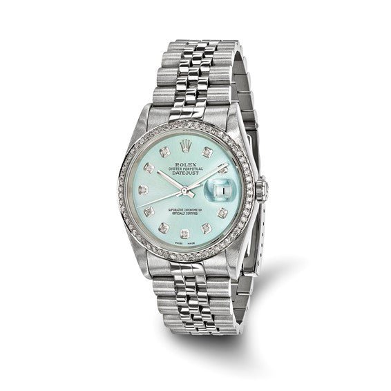Pre-owned Independently Certified Rolex Steel/18kw Bezel Dia Ice Blue Watch - Robson's Jewelers