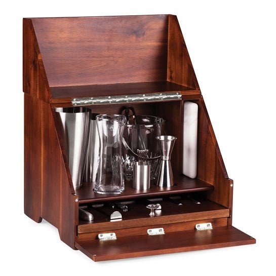 Wood Tabletop Bar with Stainless Steel Tools, Glass Ice Bucket and Mixing Glass, Marble Cutting Board - Robson's Jewelers
