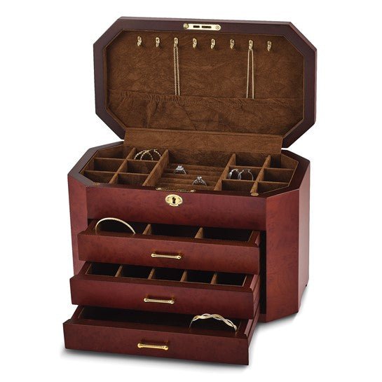 Jewelry Storage High Gloss Burlwood Veneer with Black Accents 3-drawer Locking Wooden Jewelry Box - Robson's Jewelers