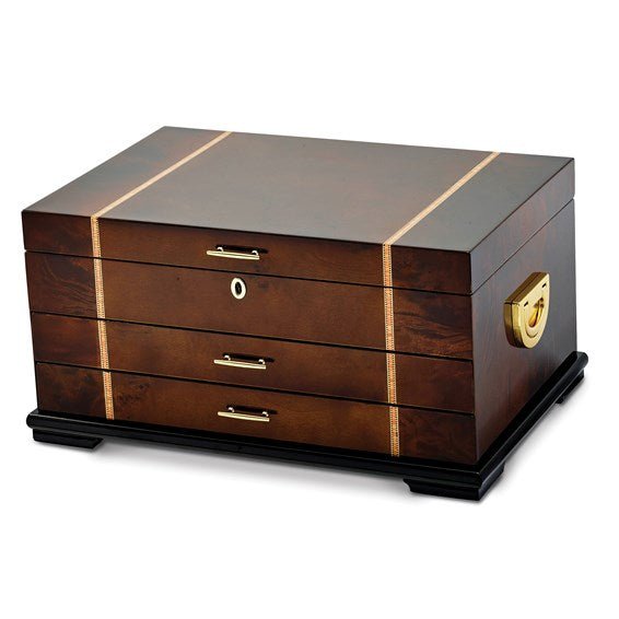 High Gloss Rustic Burlwood Veneer with Walnut and Scrolled Inlay 2-drawer Locking Wooden Jewelry Chest - Robson's Jewelers