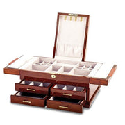 Gloss Bubinga Veneer with Mapa Burl and Scrolled Inlay Fold-out Top 4-drawer Locking Wooden Jewelry Box - Robson's Jewelers
