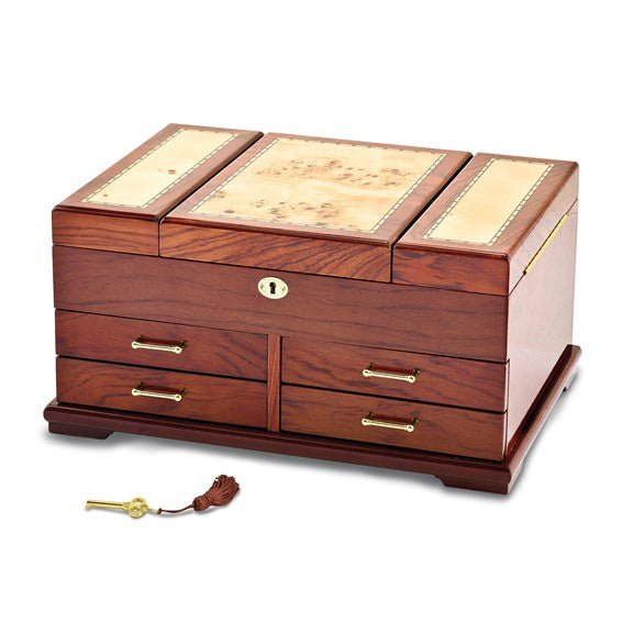 Gloss Bubinga Veneer with Mapa Burl and Scrolled Inlay Fold-out Top 4-drawer Locking Wooden Jewelry Box - Robson's Jewelers