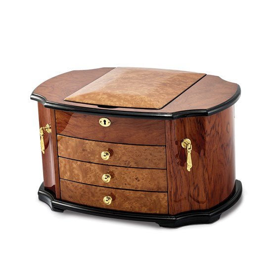 High Gloss Oak Burl Veneer with Mapa Veneer 2-drawer with Swing-out Sides Locking Wooden Jewelry Box - Robson's Jewelers