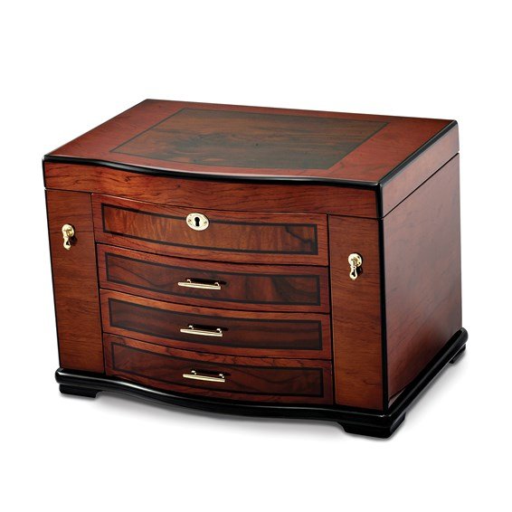 High Gloss Poplar Veneer with Burlwood Inlay 3-drawer with Swing-out Sides Locking Wooden Jewelry Chest - Robson's Jewelers