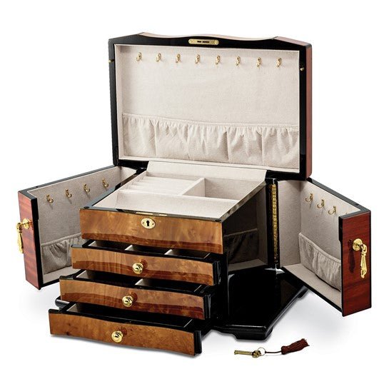 High Gloss Bubinga Veneer with Elm Burl Inlay 3-drawer with Swing-out Sides Locking Wooden Jewelry Box - Robson's Jewelers