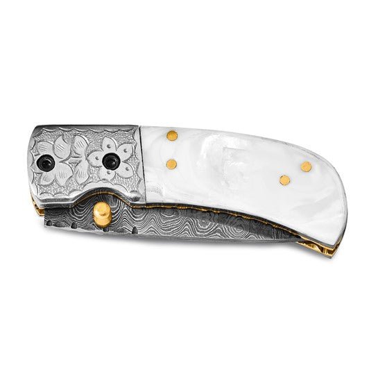Luxury Giftware Damascus Steel 256 Layer Folding Blade Mother of Pearl Handle Knife Wooden Gift Box - Robson's Jewelers