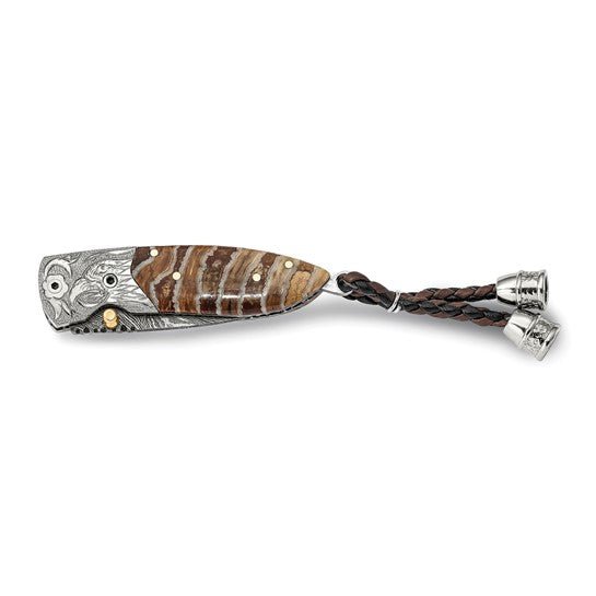 Folding Woolly Mammoth Tooth/Steel Bird Engraved Handle Knife with Leather Sheath and Wooden Gift Box - Robson's Jewelers
