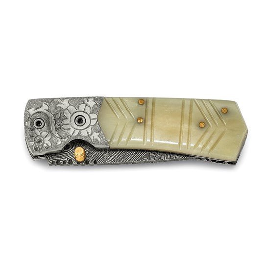 Luxury Giftware Damascus Steel 256 Layer Folding Carved Camel Bone Handle Knife with Leather Gift Box - Robson's Jewelers