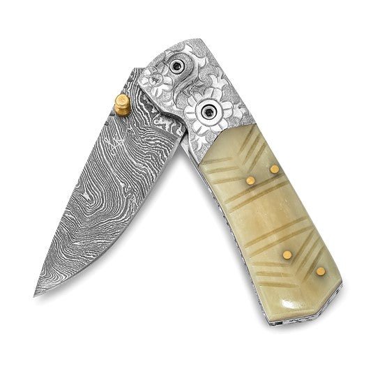 Luxury Giftware Damascus Steel 256 Layer Folding Carved Camel Bone Handle Knife with Leather Gift Box - Robson's Jewelers