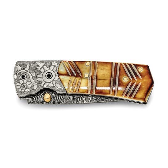 Luxury Giftware Damascus Steel 256 Layer Folding Dyed and Carved Camel Bone Handle and Wooden Gift Box - Robson's Jewelers