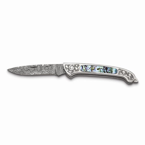 256 Layer Folding Blade Abalone Inlay Handle Knife with Leather Sheath and Wooden Gift Box - Robson's Jewelers