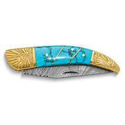 256 Layer Folding Blade Compressed Turquoise and Stone HandleWooden Gift Box - Robson's Jewelers