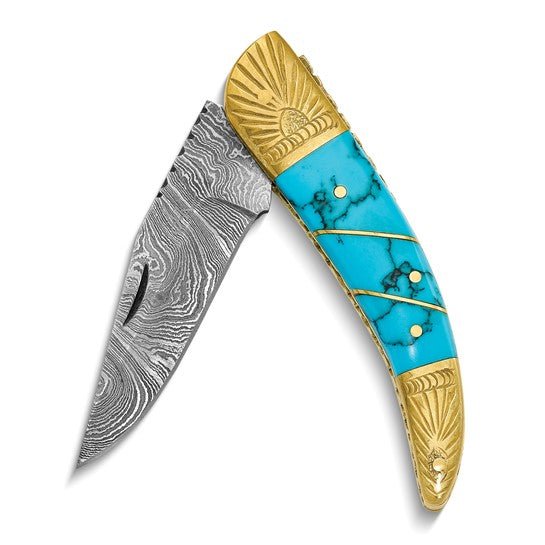 256 Layer Folding Blade Compressed Turquoise and Stone Handle  and Wooden Gift Box - Robson's Jewelers
