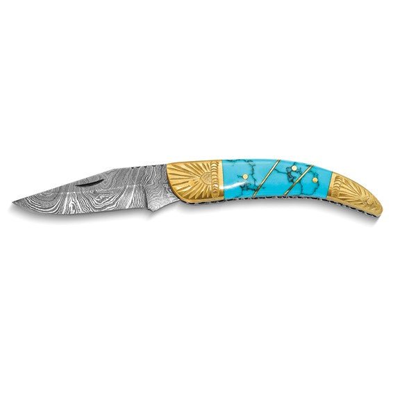 256 Layer Folding Blade Compressed Turquoise and Stone Handle Knife Gift Box - Robson's Jewelers