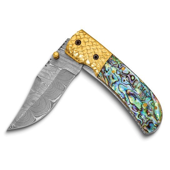 Damascus Steel 256 Layer Folding Blade Abalone Handle Knife - Robson's Jewelers
