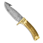 256 Layer Fixed Blade Staghorn Handle Brass Guard Knife with Leather Sheath and Gift Box - Robson's Jewelers