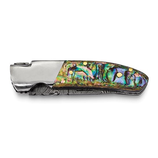 256 Layer Folding Blade Abalone Handle Knife with Leather Sheath and Wooden Gift Box - Robson's Jewelers