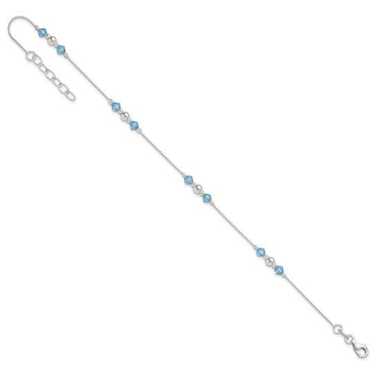 Sterling Silver Polished Bead and CZ 9in Plus 1in. Ext. Anklet - Robson's Jewelers