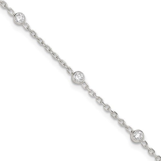 Sterling Silver Rhodium-plated Polished with CZ 10in Plus 1in ext. Anklet - Robson's Jewelers