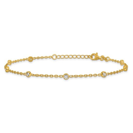 Sterling Silver Gold-tone Polished CZ Stations 9in Plus 1in ext Anklet - Robson's Jewelers