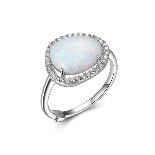 (XWWELLE)SS RHOD PLTD RING #OP17 SYNTHETIC OPAL(FIRE&SNOW) (CAB) 11.5X9.5MM & 3A CZ RD #6 - Robson's Jewelers