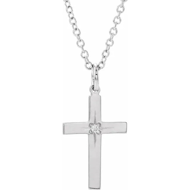 14K White .0075 CT Natural Diamond Youth Cross 15" Necklace - Robson's Jewelers