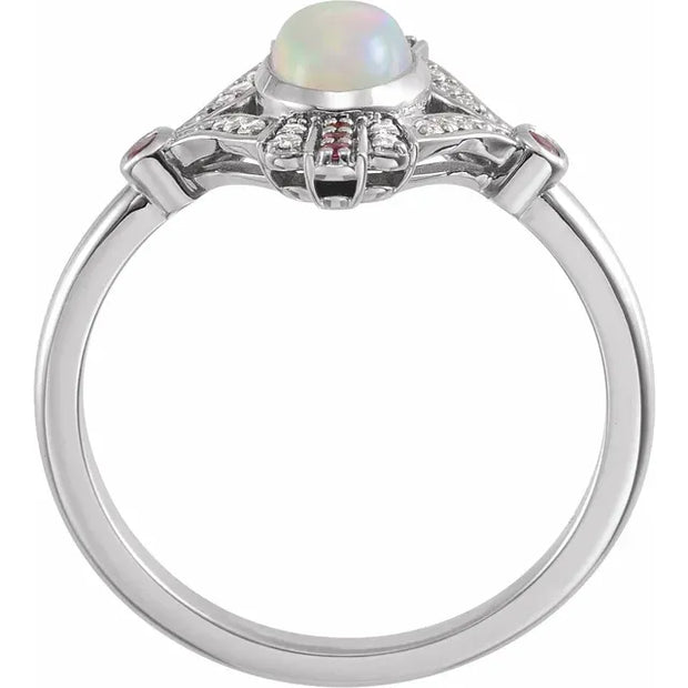 14K White Natural Ethiopian Opal, Natural Pink Sapphire & .06 CTW Natural Diamond Cabochon Ring - Robson's Jewelers