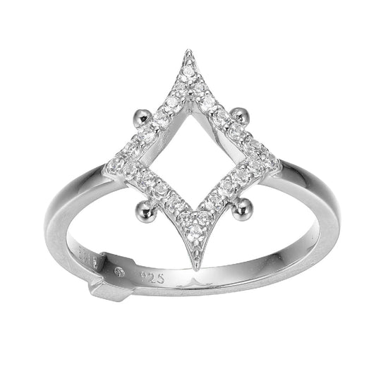 Sterling Silver Rhombus (17x12mm) with Pave CZ Ring, Rhodium Plated, Size 6