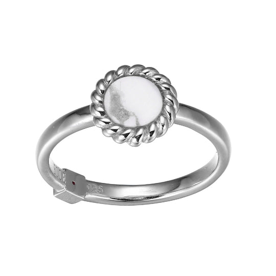 SS ELLE "NAUTICAL" RHODIUM PLATED GENUINE 6MM ROUND HOWLITE WITH ROPE TRIM RING SIZE 6