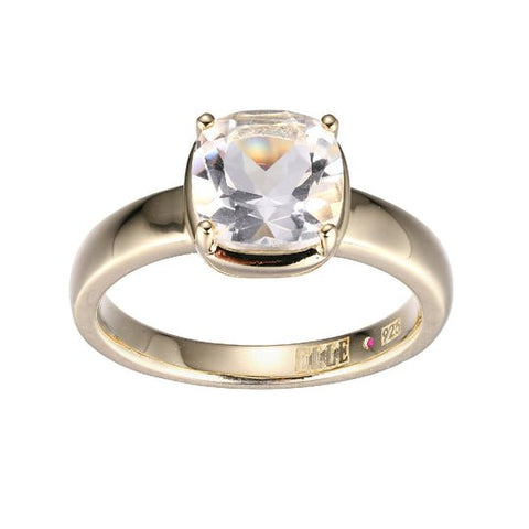 SS ELLE "MARBLE" GOLD PLATED 8MM CLEAR QUARTZ CUSHION CUT SOLITAIRE RING SIZE 6 - Robson's Jewelers