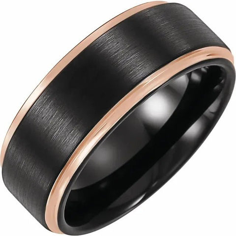 18K Rose Gold PVD and Black PVD Tungsten 8 mm Flat Grooved Band Size 10 - Robson's Jewelers