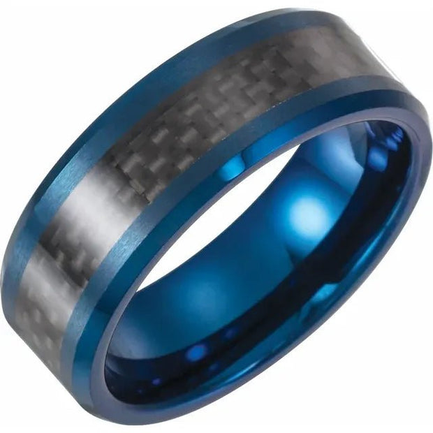 Tungsten 8 mm Blue Enameled Band with Black Carbon Fiber Inlay Size 10 - Robson's Jewelers