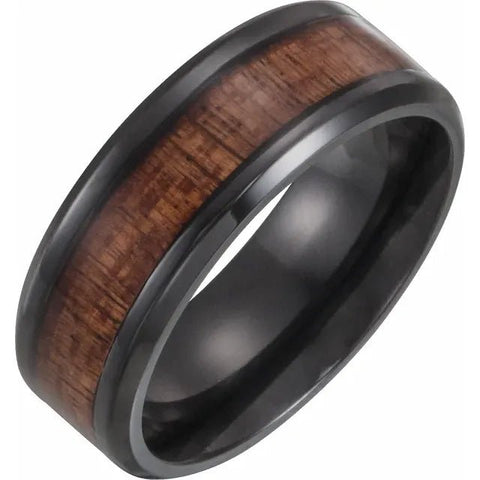 Black Titanium 8 mm Beveled-Edge Band with Wood Inlay Size 10 - Robson's Jewelers