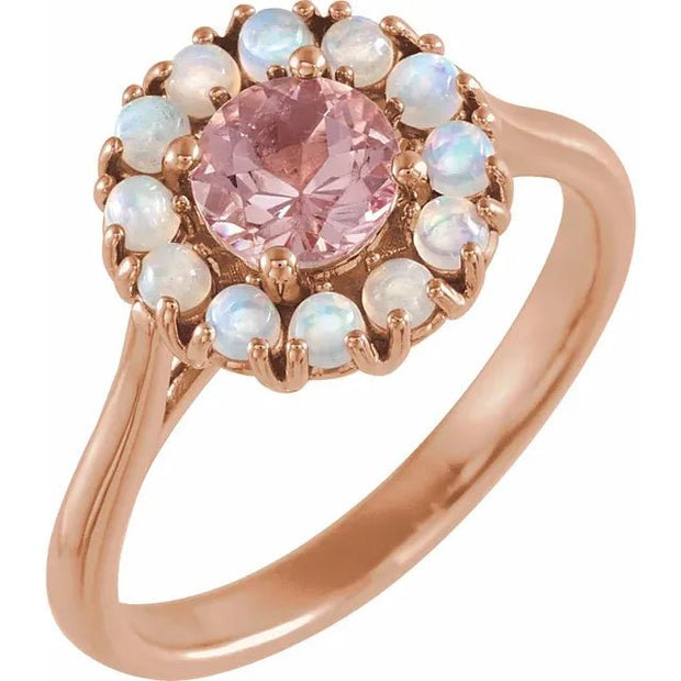 14K Rose Natural Pink Morganite & Natural Ethiopian Opal Halo-Style Ring - Robson's Jewelers