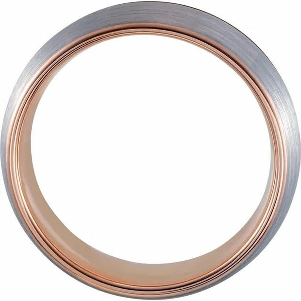 18K Rose Gold PVD Tungsten 8 mm Grooved Size 10 Band with Satin Finish - Robson's Jewelers